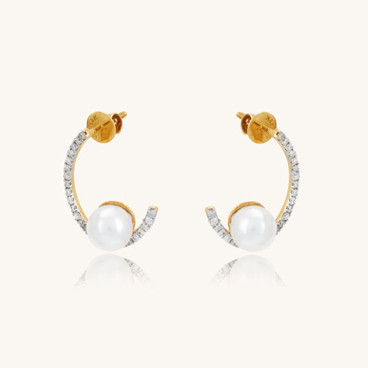 Caratly 18kt gold Pearl C Diamond Earring with 0.22ct diamond pave C-shape curve and pearl end accent under Rs. 50,000