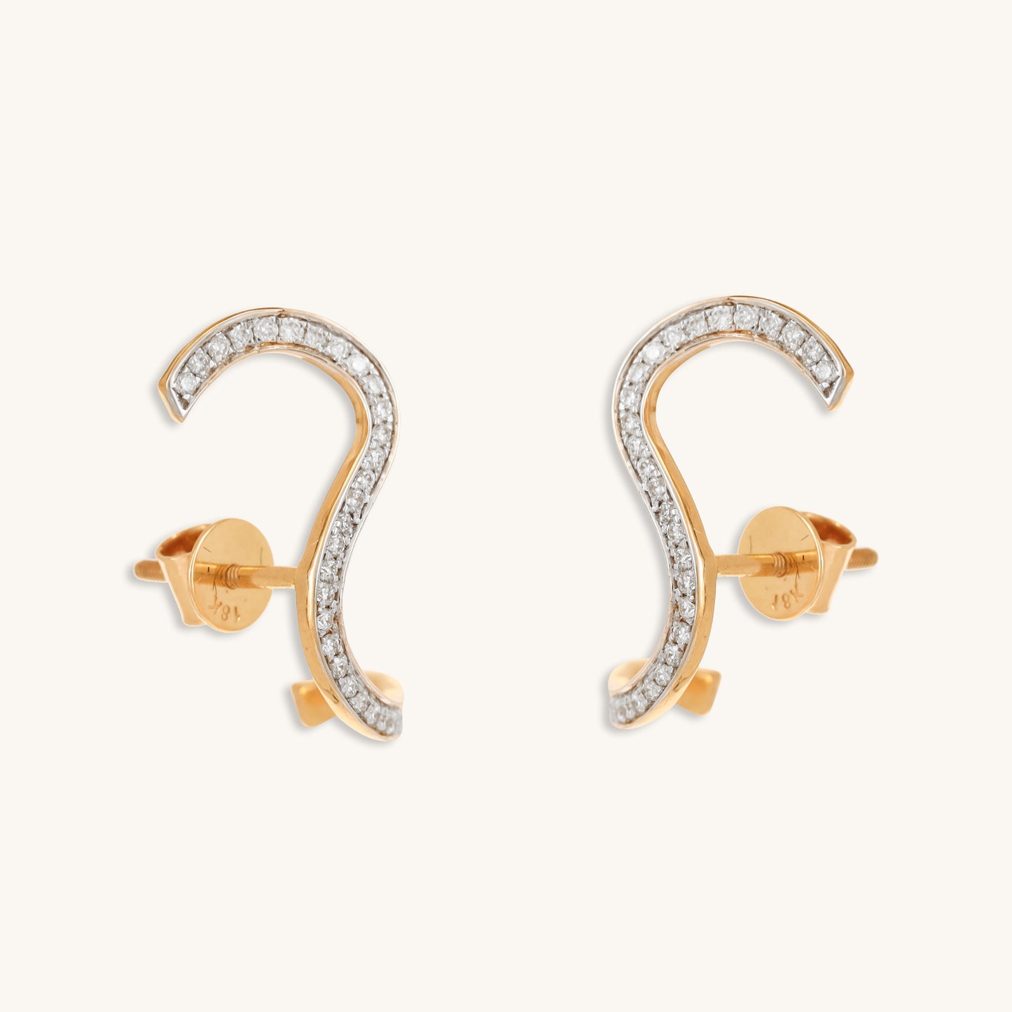 Caratly 18kt gold S Diamond Earring featuring a fluid, wave-shaped ear climber design fully set with 0.25ct pave diamonds under Rs. 60,000