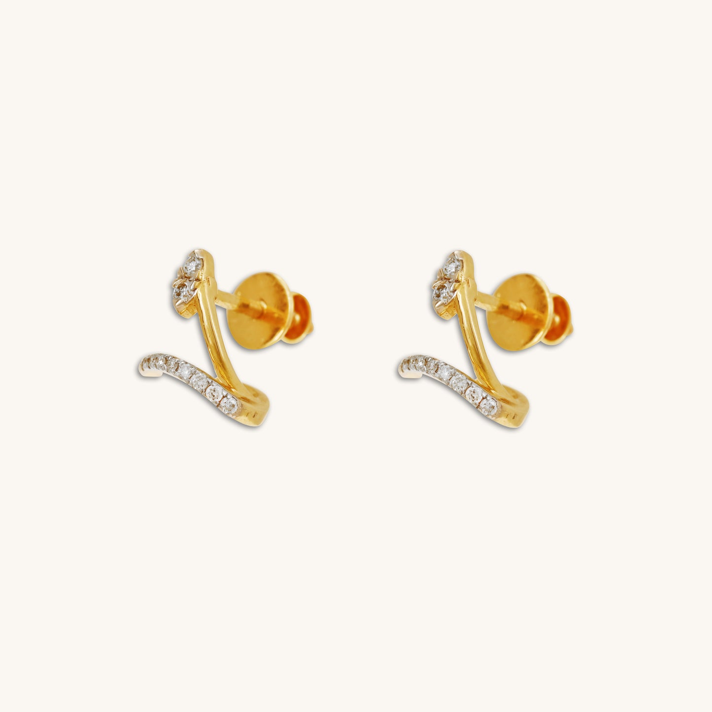 Caratly 18kt gold Stud Diamond Earring with 0.10ct diamond pave in a curved crossover bar stud design under Rs. 30,000