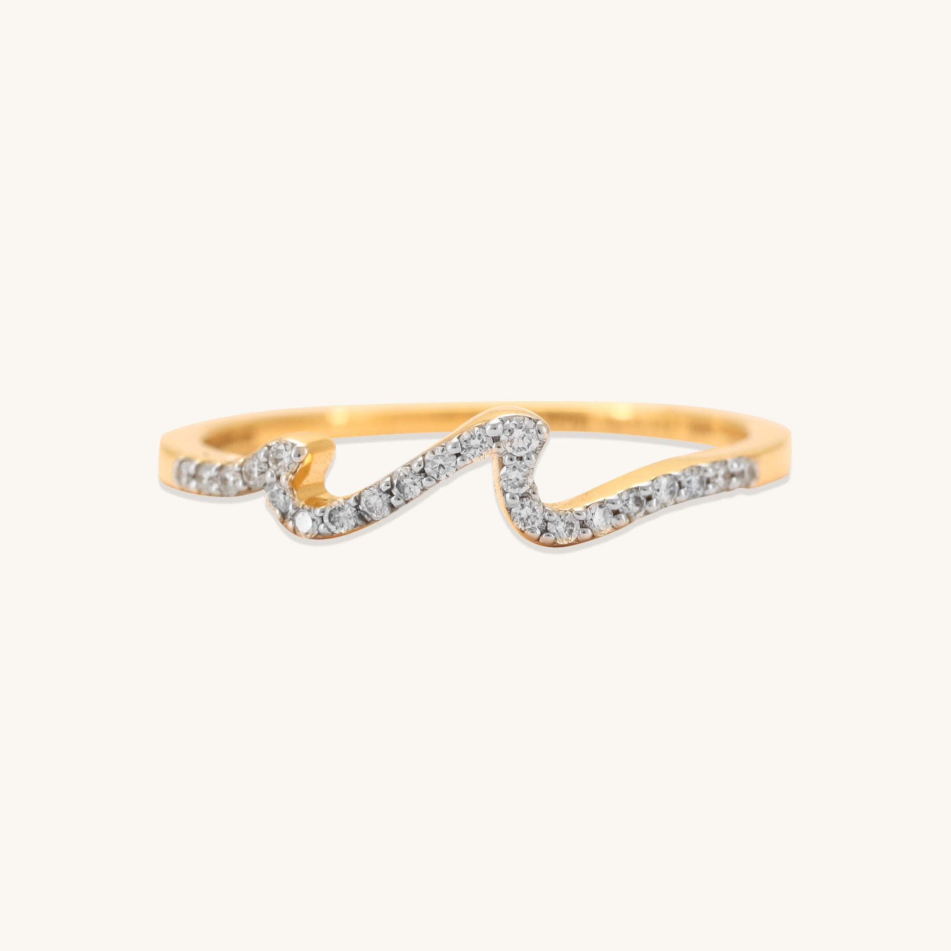 Caratly 18kt gold Wave Diamond Ring with 0.10ct diamond pave in a curved undulating wave band design under Rs. 30,000