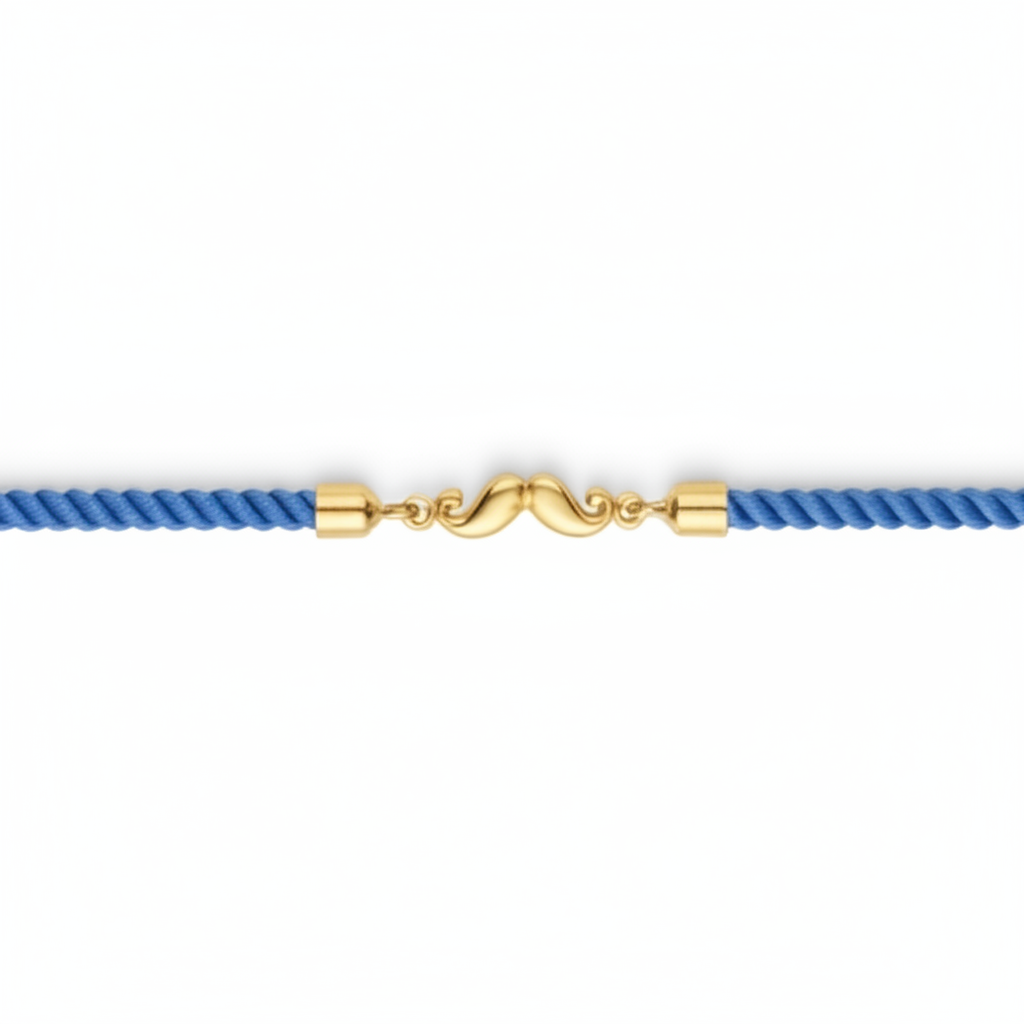 Blue rope men's gold bracelet featuring an 18kt gold moustache-shaped clasp charm. A minimal gift for him under Rs. 15,000