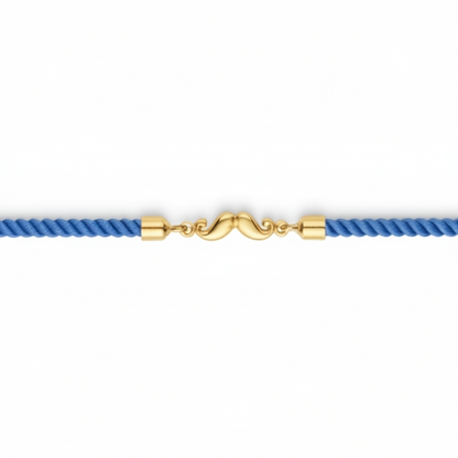 Blue rope men's gold bracelet featuring an 18kt gold moustache-shaped clasp charm. A minimal gift for him under Rs. 15,000