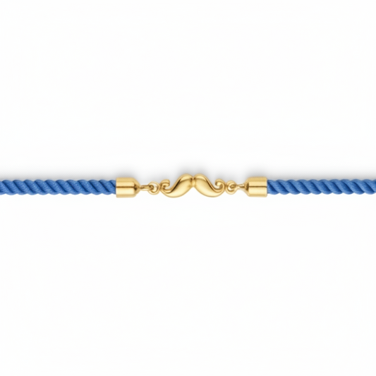 Blue rope men's gold bracelet featuring an 18kt gold moustache-shaped clasp charm. A minimal gift for him under Rs. 15,000