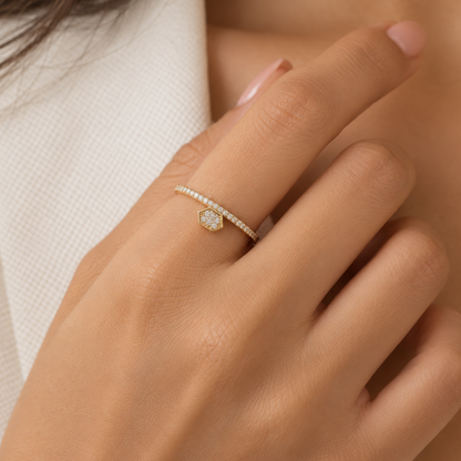 Gold hexagon diamond ring with a pave diamond band. Minimal gifts under Rs. 30,000