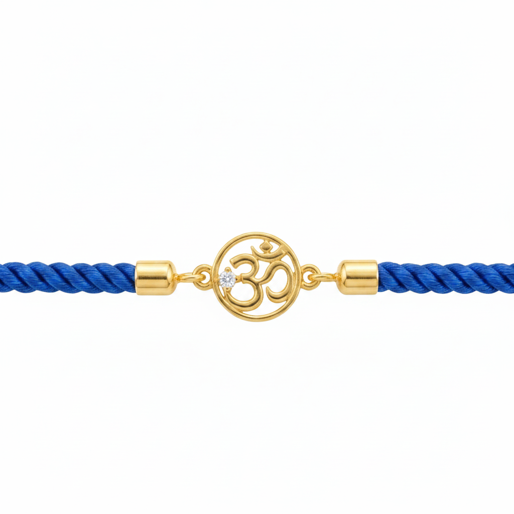 Blue rope men's bracelet with 18kt gold Om charm and diamond accent, laid flat on a white background. An affordable gift for him under Rs. 15,000