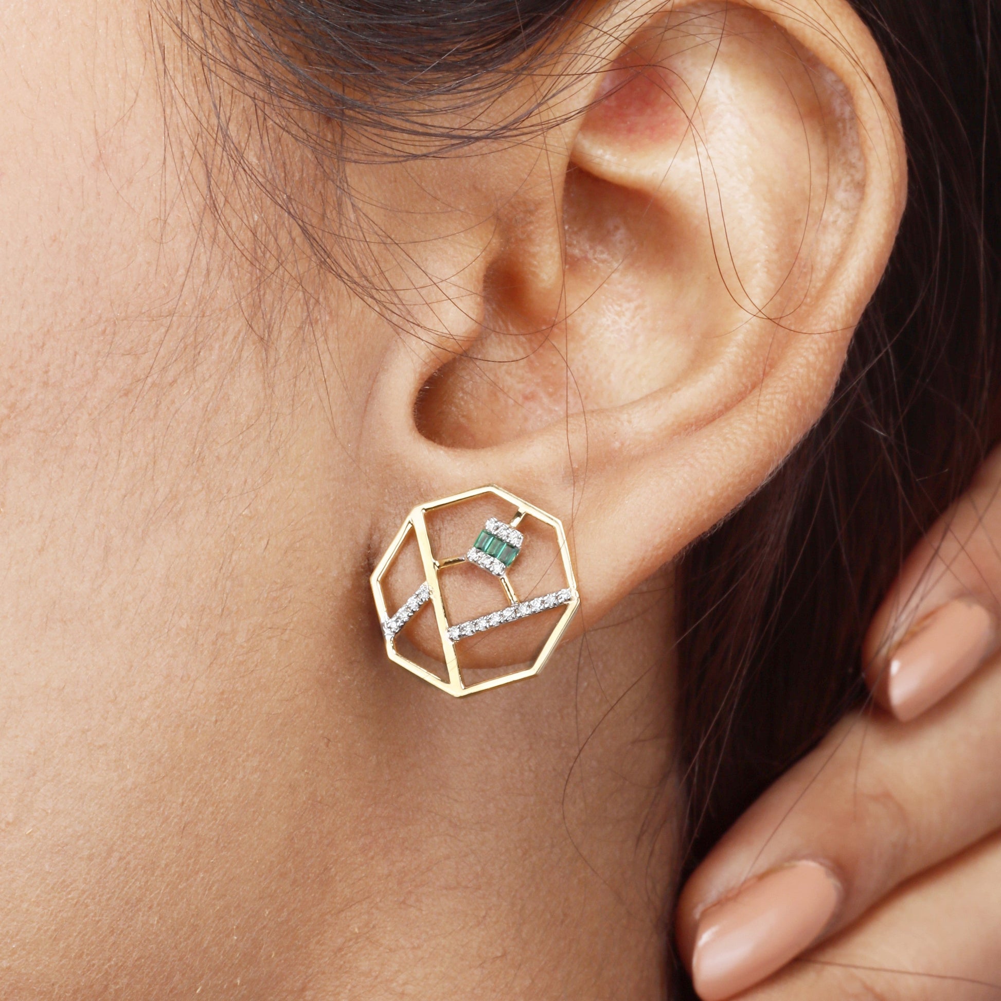 Caratly 18kt gold Octagon Diamond Earring with 0.15ct diamond pave and a central green gemstone accent in an open geometric octagon frame design under Rs. 50,000