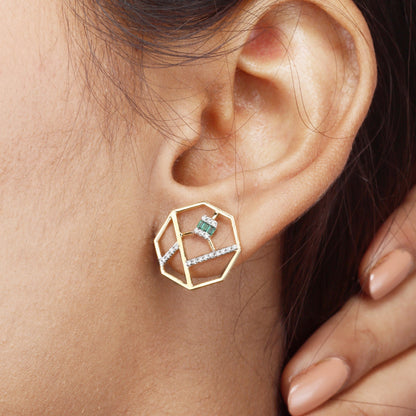 Caratly 18kt gold Octagon Diamond Earring with 0.15ct diamond pave and a central green gemstone accent in an open geometric octagon frame design under Rs. 50,000