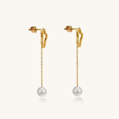 Caratly 18kt gold Pearl Dangling Earring featuring an abstract open gold shape at the lobe with a delicate dangling chain holding a single pearl drop under Rs. 40,000