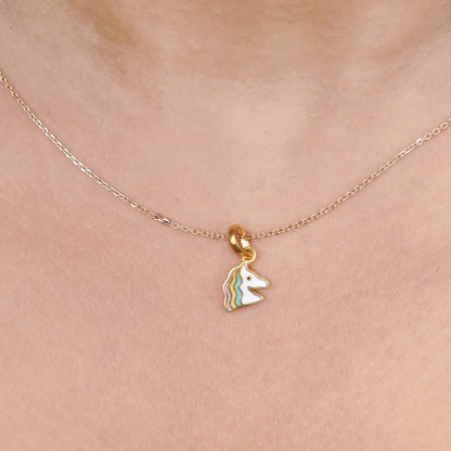 Caratly 22kt gold Unicorn Baby Pendant featuring a small unicorn head charm decorated with pastel enamel stripes under Rs. 20,000