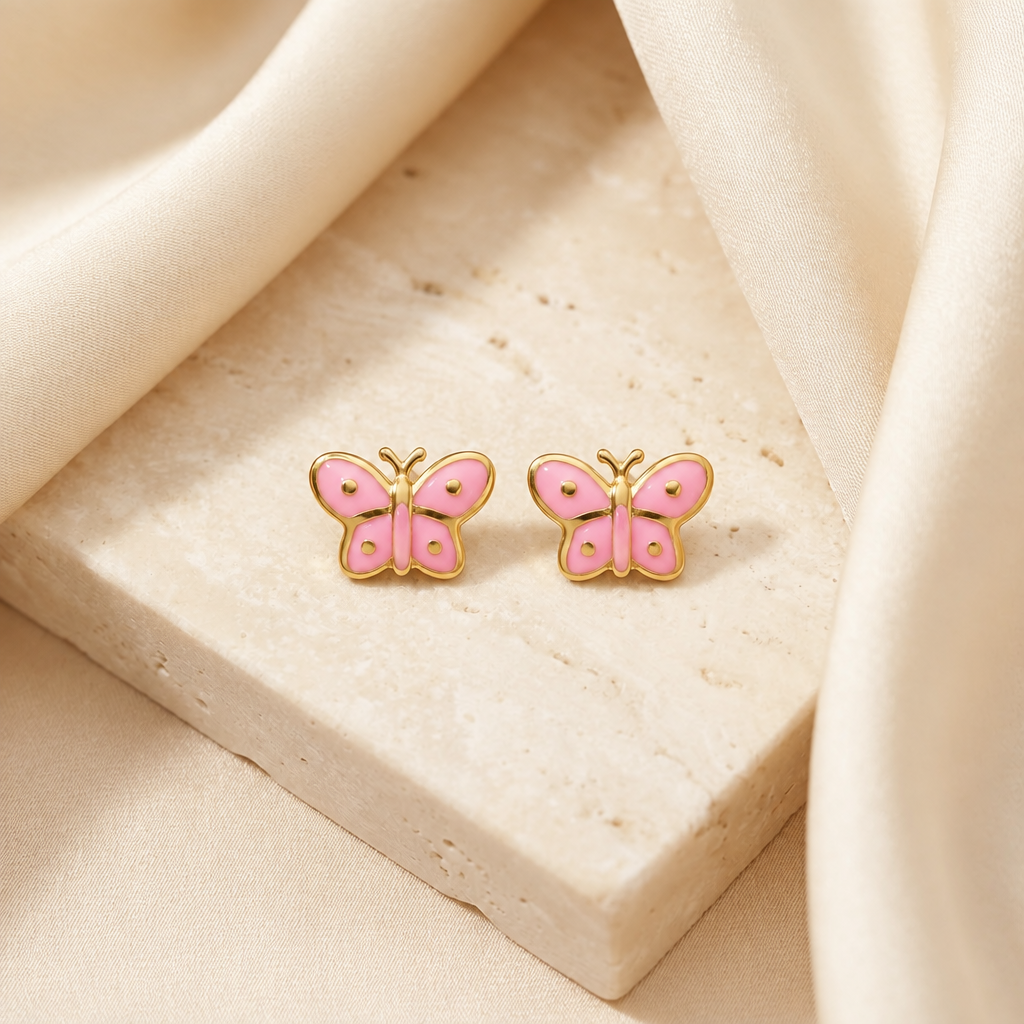 Pink enamel butterfly earrings with gold trim and antennae detail under Rs. 25,000