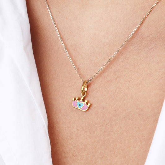 Caratly 22kt gold Crown Gold Pendant featuring a pink enamel crown charm with a central evil eye motif on a delicate chain under Rs. 20,000