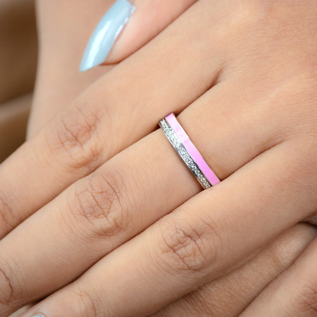 Caratly 18kt gold Pretty Pink Ring with pink enamel band and 0.24ct diamond pave row dual-tone design, perfect for gifting under Rs. 70,000