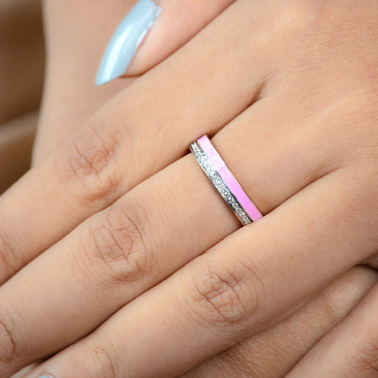 Caratly 18kt gold Pretty Pink Ring with pink enamel band and 0.24ct diamond pave row dual-tone design, perfect for gifting under Rs. 70,000