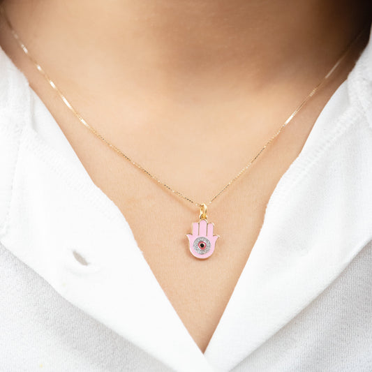 Caratly 18kt gold Pink Hamsa Charm with pink enamel Hamsa hand protection pendant and natural diamonds under Rs. 20,000