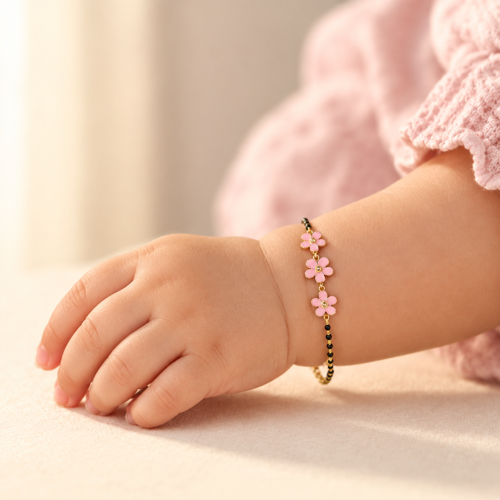 Black bead bracelet with three pink enamel flower charms. Gift for kids under Rs. 50,000