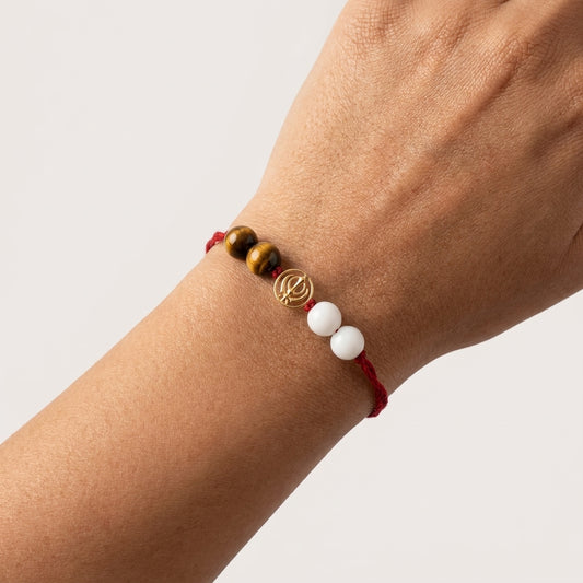 Gold Khanda Rakhi with Tiger's eye and white beads.