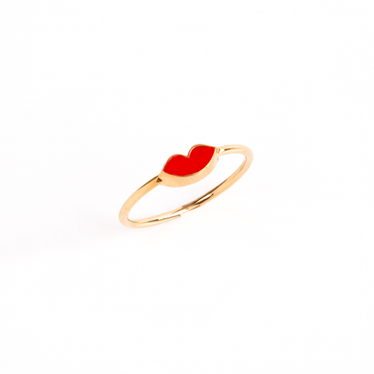 Caratly 18kt gold Lip Funky Ring with red enamel kiss mark lips design, romantic gift idea for her under 30,000