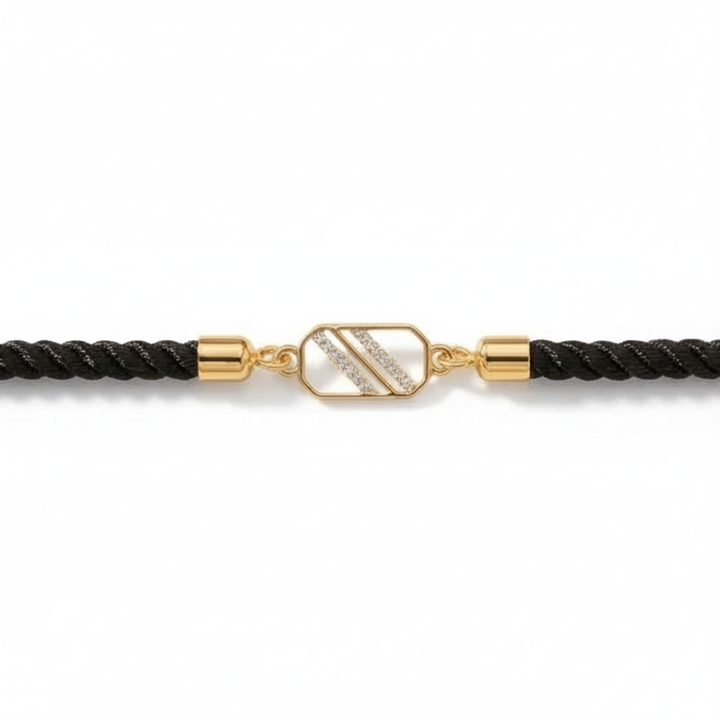 Black cord men's bracelet with an 18kt gold rectangular and diamond charm under Rs. 15,000