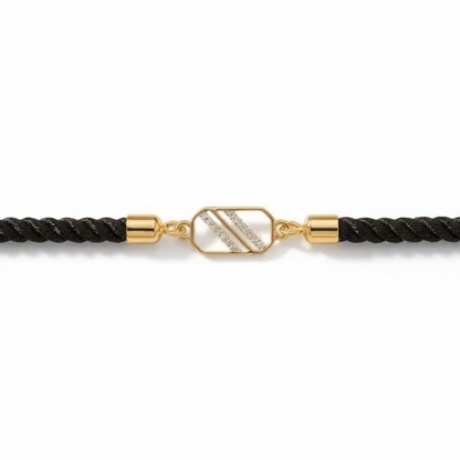 Black cord men's bracelet with an 18kt gold rectangular and diamond charm under Rs. 15,000