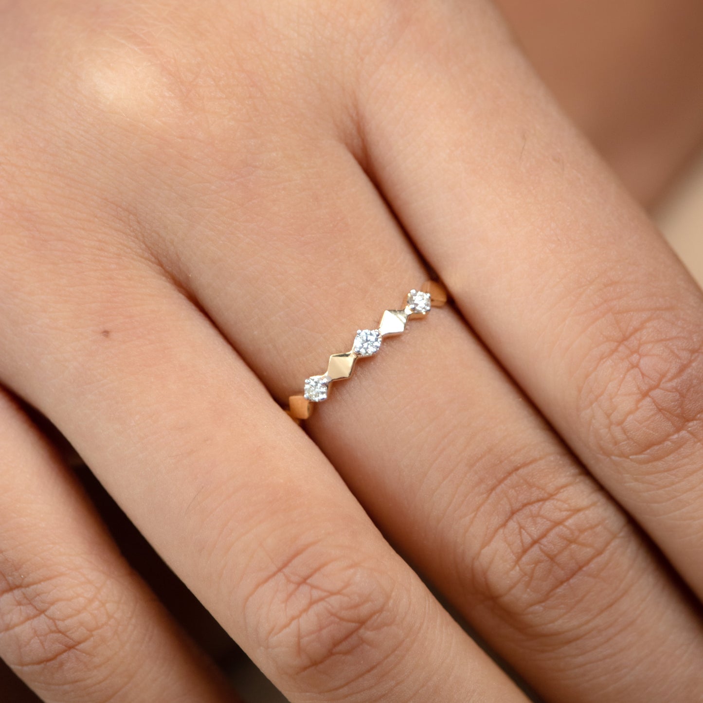 Caratly 18kt gold Geometric Diamond Ring with 0.09ct diamond zigzag rhombus pattern band under 30,000