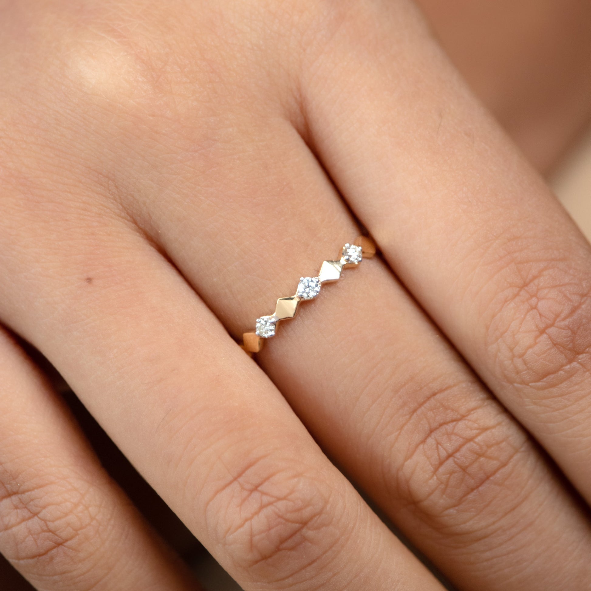 Caratly 18kt gold Geometric Diamond Ring with 0.09ct diamond zigzag rhombus pattern band under 30,000