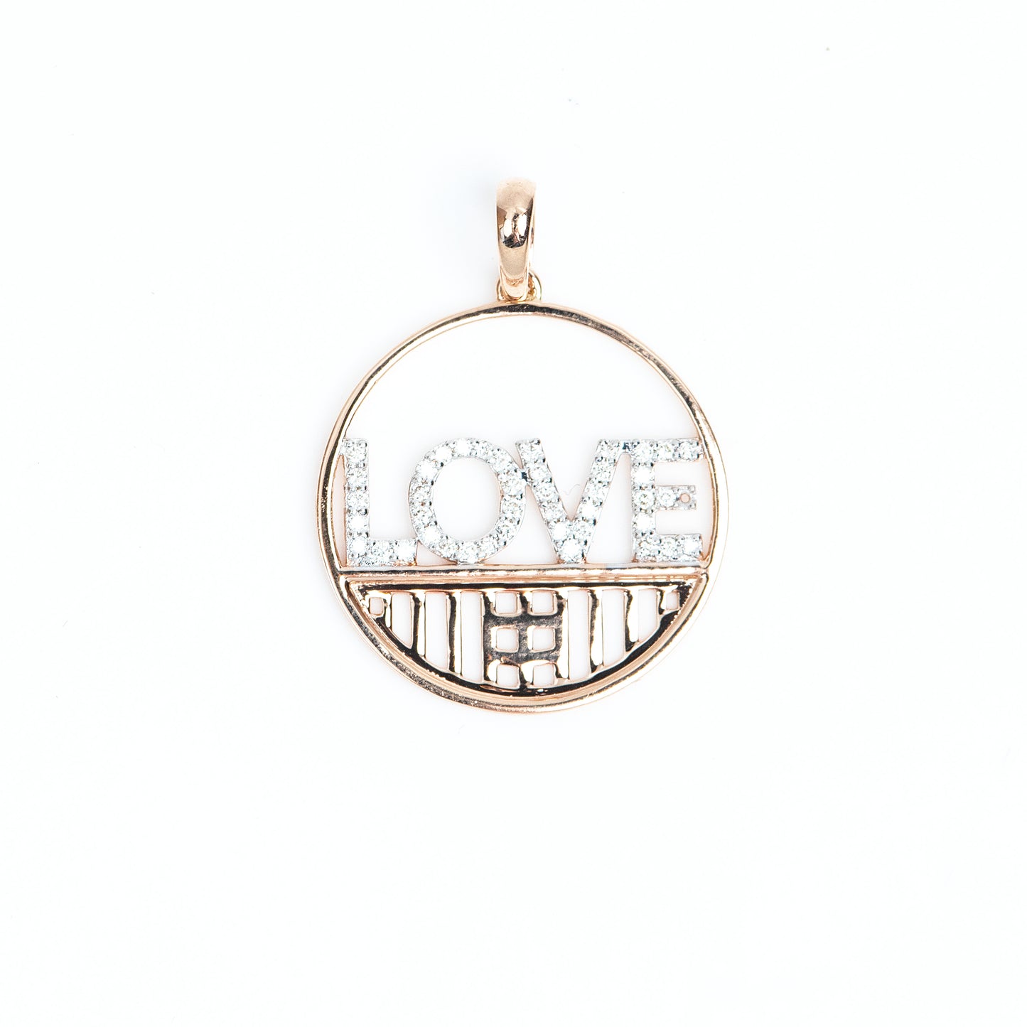 Caratly 18kt gold Love Round Pendant with 0.18ct diamond text and geometric mesh bottom design under Rs. 50,000