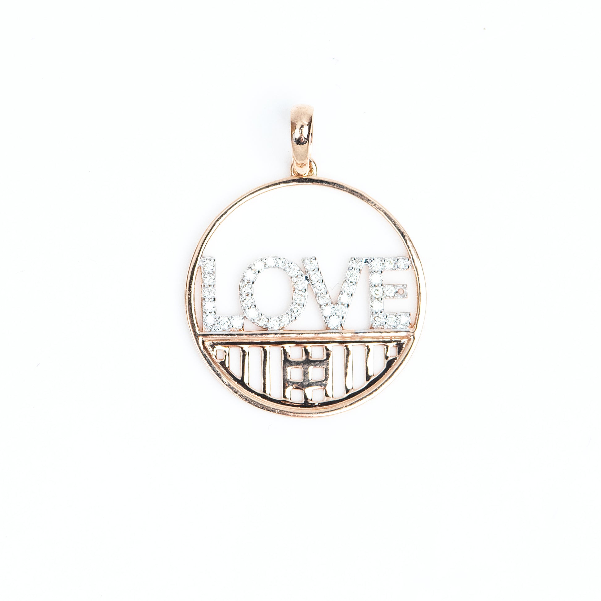 Caratly 18kt gold Love Round Pendant with 0.18ct diamond text and geometric mesh bottom design under Rs. 50,000