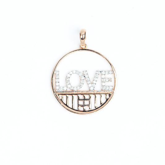 Caratly 18kt gold Love Round Pendant with 0.18ct diamond text and geometric mesh bottom design under Rs. 50,000