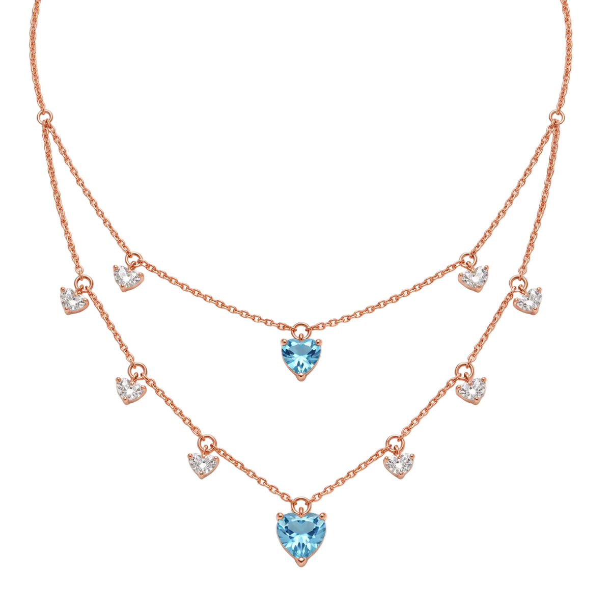 Layered rose gold necklace with clear crystal diamond drops and two blue heart-shaped gemstone pendants priced under Rs. 2,00,000