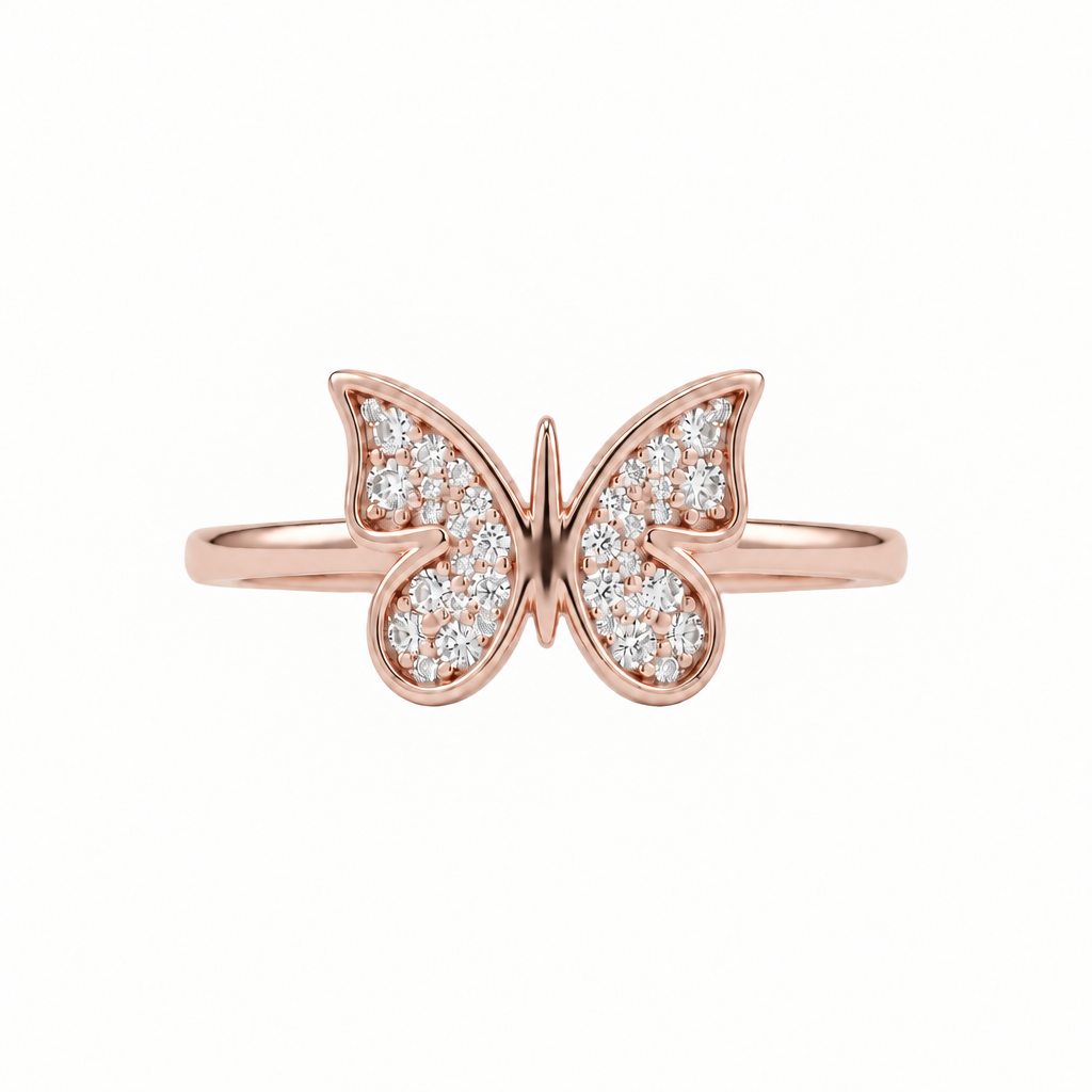 Rose gold ring shaped like a butterfly, fully paved with sparkling diamonds. Minimal gifts for her under Rs. 30,000