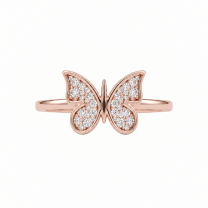 Rose gold ring shaped like a butterfly, fully paved with sparkling diamonds. Minimal gifts for her under Rs. 30,000