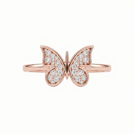 Rose gold ring shaped like a butterfly, fully paved with sparkling diamonds. Minimal gifts for her under Rs. 30,000