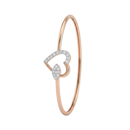 Rose gold bangle-style bracelet with an open diamond heart charm.