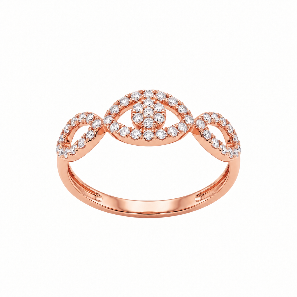 Rose gold infinity-style ring with a pave diamond evil eye motif. Luxe gifts for her under Rs. 50,000