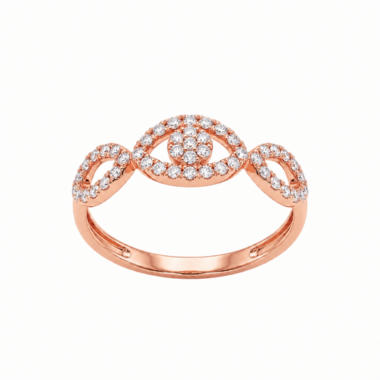 Rose gold infinity-style ring with a pave diamond evil eye motif. Luxe gifts for her under Rs. 50,000