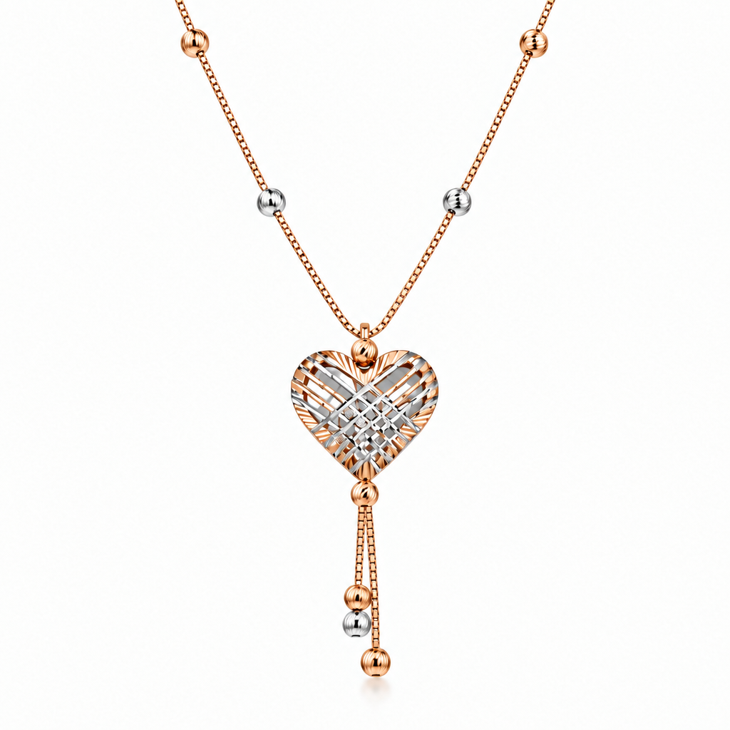 Rose gold heart-shaped pendant with a woven diamond cage design and dangling bead accents. Luxe gifts for her under Rs. 80,000