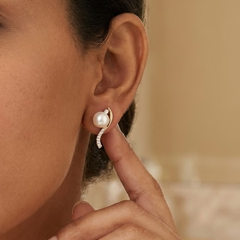Gold curved earrings with a white pearl at the top and a pave diamond lower arc. Luxe gifts for her under Rs. 60,000