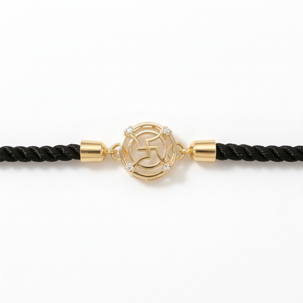 Black rope men's diamond bracelet with an 18kt gold Swastik charm and diamond accents. Gold and Diamond gift for him under Rs. 15,000