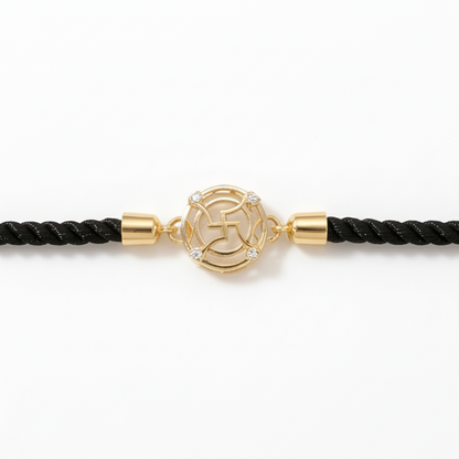 Black rope men's diamond bracelet with an 18kt gold Swastik charm and diamond accents. Gold and Diamond gift for him under Rs. 15,000