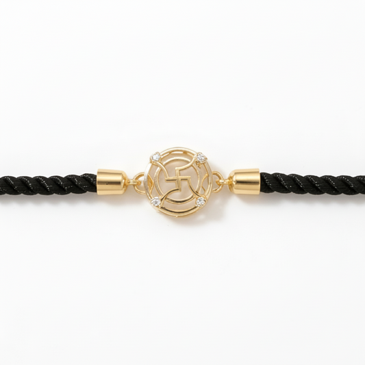 Black rope men's diamond bracelet with an 18kt gold Swastik charm and diamond accents. Gold and Diamond gift for him under Rs. 15,000