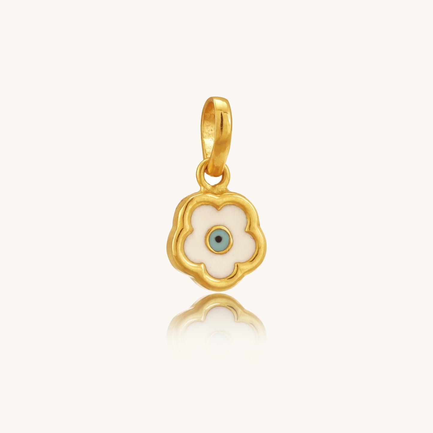 Caratly 22kt gold Evil Eye Flower Pendant featuring a scalloped white enamel flower charm with a central blue eye motif under Rs. 30,000