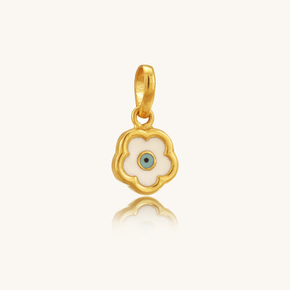 Caratly 22kt gold Evil Eye Flower Pendant featuring a scalloped white enamel flower charm with a central blue eye motif under Rs. 30,000