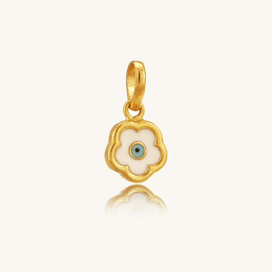 Caratly 22kt gold Evil Eye Flower Pendant featuring a scalloped white enamel flower charm with a central blue eye motif under Rs. 30,000