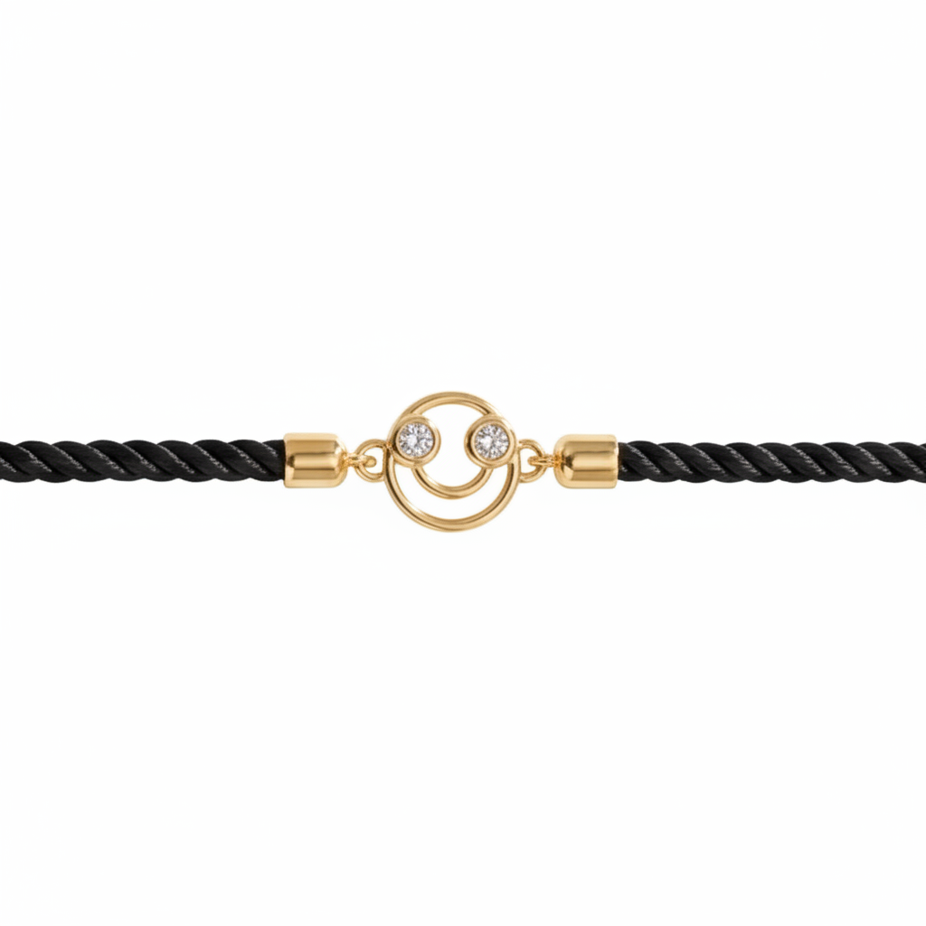 Black rope men's diamond bracelet with an 18kt gold smiley face charm, laid flat on white background. A perfect gift for him under Rs. 15,000