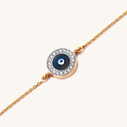 18kt gold Sway Evil Eye Bracelet with diamond halo. Premium price range under Rs. 50,000