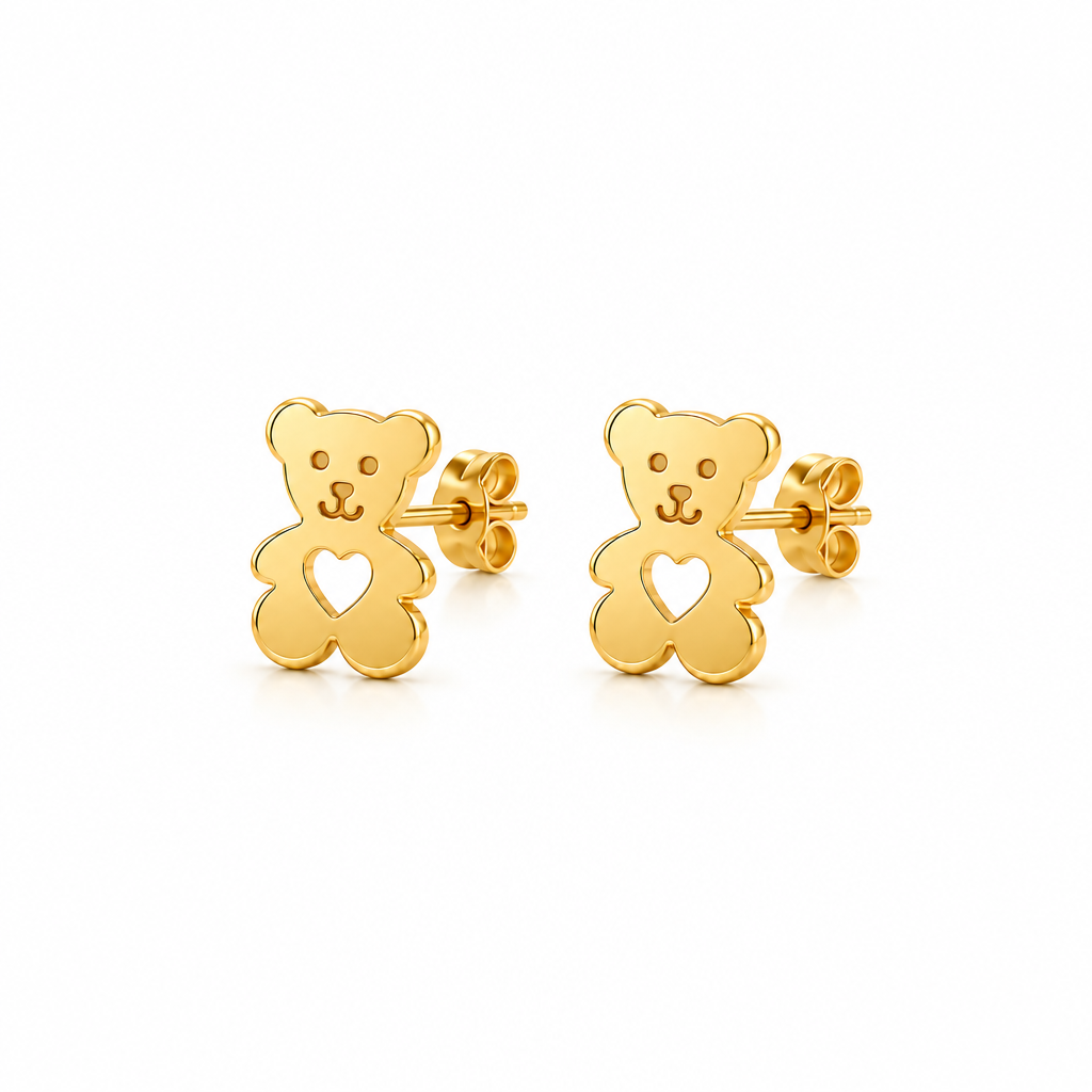 Gold teddy bear stud earrings with a heart-shaped cutout in the center under Rs. 20,000