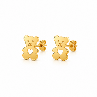 Gold teddy bear stud earrings with a heart-shaped cutout in the center under Rs. 20,000