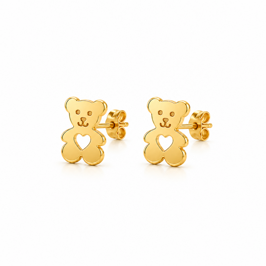 Gold teddy bear stud earrings with a heart-shaped cutout in the center under Rs. 20,000