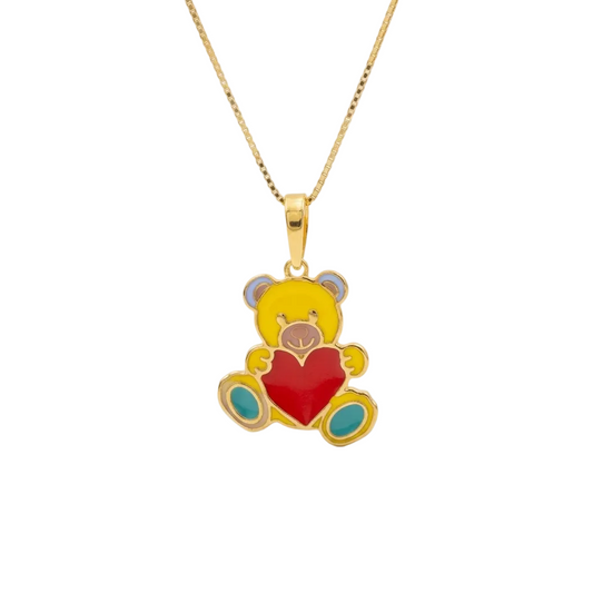 Gold enamel teddy bear pendant holding a red enamel heart, price under Rs. 25,000