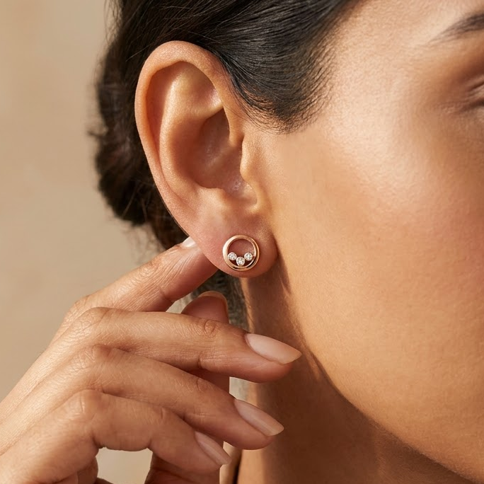 Rose gold circular stud earrings each set with three round diamonds. Priced under Rs. 40,000